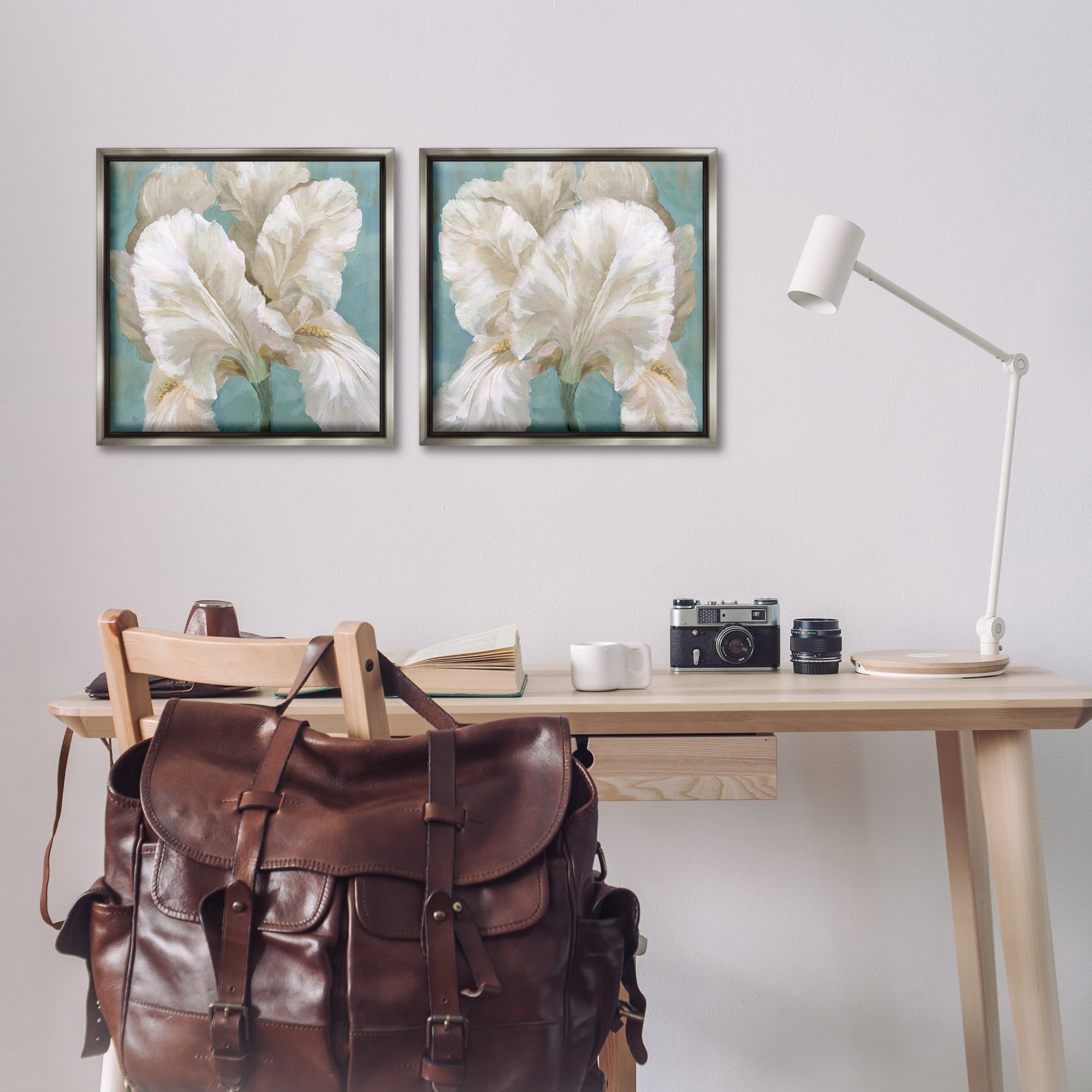 Stupell Industries White Iris Flower Plants & Flowers Painting Gray Floater Framed Canvas Art Print Wall Art, 18 x 18, Set of 2