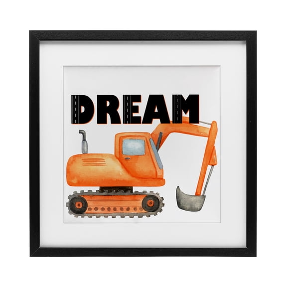 Dream with Orange Excavator Black Framed Print Under Glass, design by Kim Allen