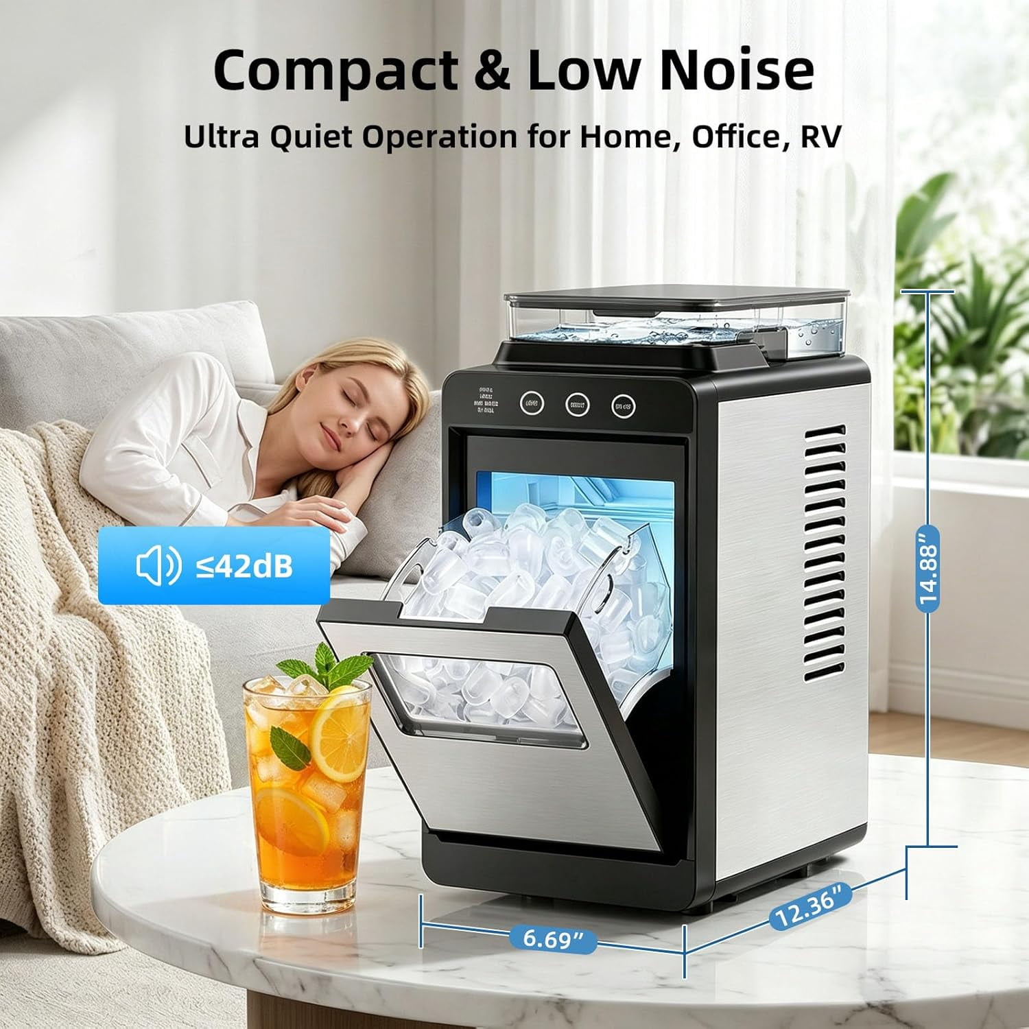 Havato Countertop Ice Makers ,  8 Cubes in 6 Mins, 26 lbs/24H,Portable Ice Machine with External 1.2L Large Water Tank, Self-Cleaning Quiet Compact,Steel
