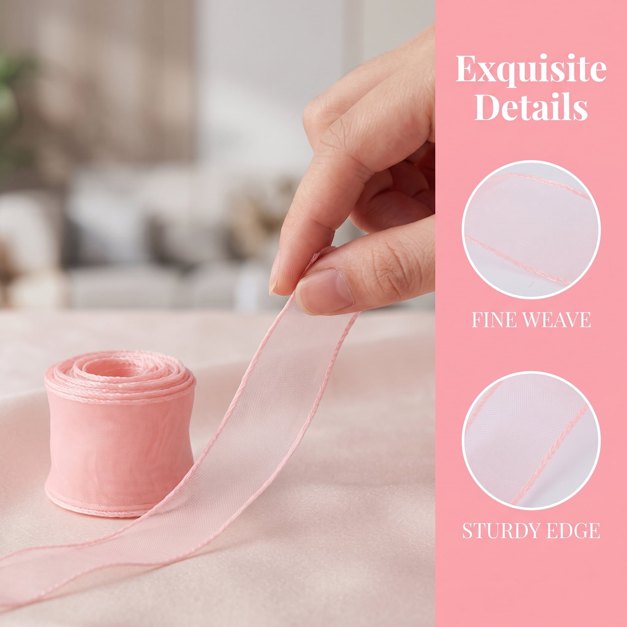 Unique Bargains 10Pcs Woven Edge Chiffon Ribbon on Sturdy Spools Pink 2.4 Yard