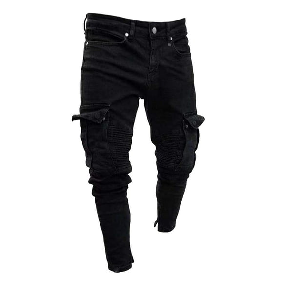 Black Men'S Distressed Biker Skinny Jeans Man'S Ripped Stretch Slim Fit Denim Pants Trousers