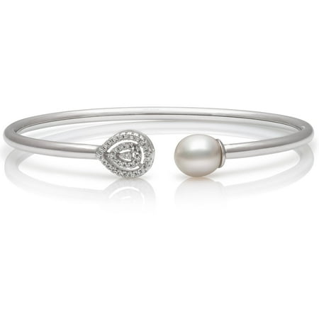 8' Cultured Pearl Bracelet - Cultured Freshwater Pearl and CZ Sterling Silver Open Bangle Bracelet, 7