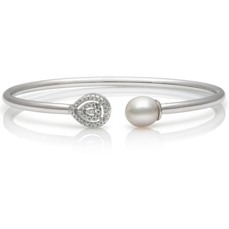 8-9mm Genuine White Cultured Freshwater Pearl and CZ Encrusted Sterling Silver Open Bangle Bracelet, 7