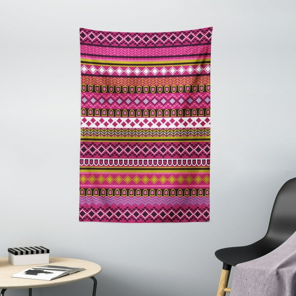 Pink Tapestry, Traditional African Motifs and Borders Ethnic Tribal Accents Vintage Native Folk Art, Wall Hanging for Bedroom Living Room Dorm Decor, 40W X 60L Inches, Multicolor, by Ambesonne
