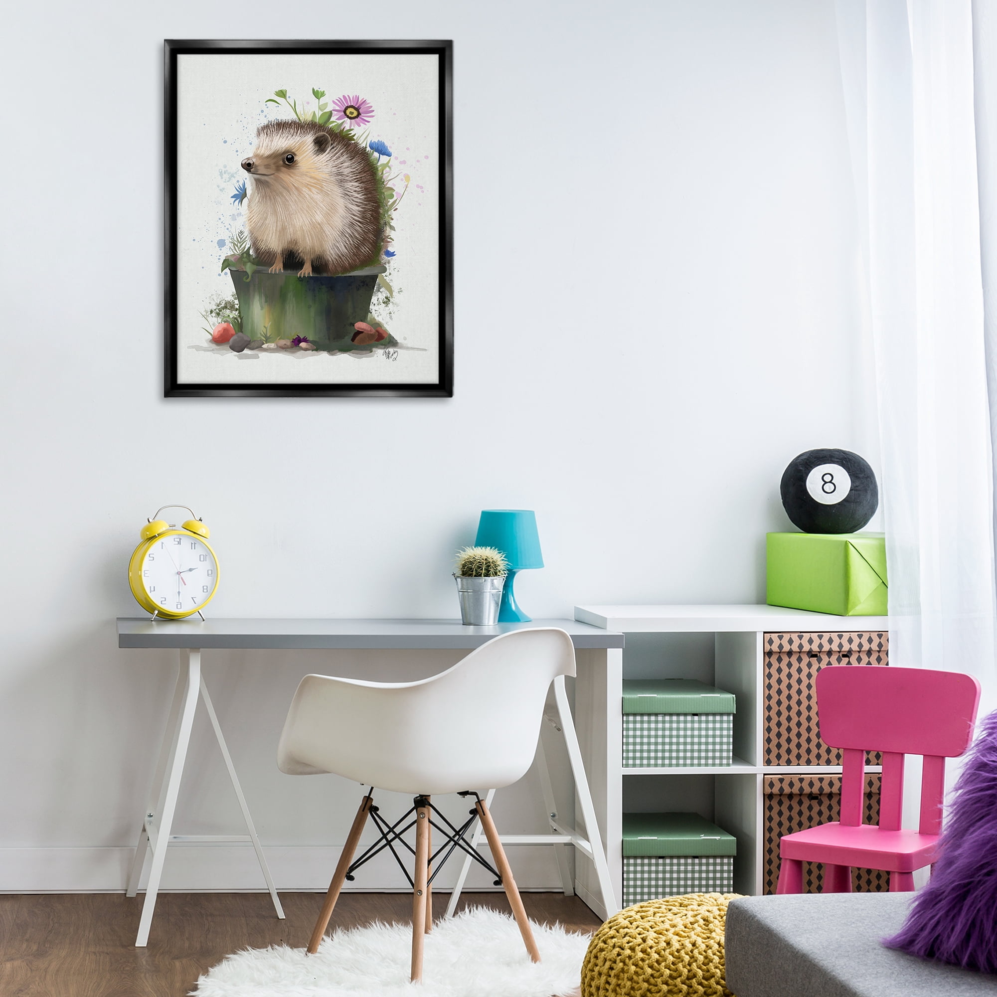 Stupell Industries Hedgehog in Gardening Pot Animals & Insects Painting Black Floater Framed Canvas Art Print Wall Art, 25 x 31