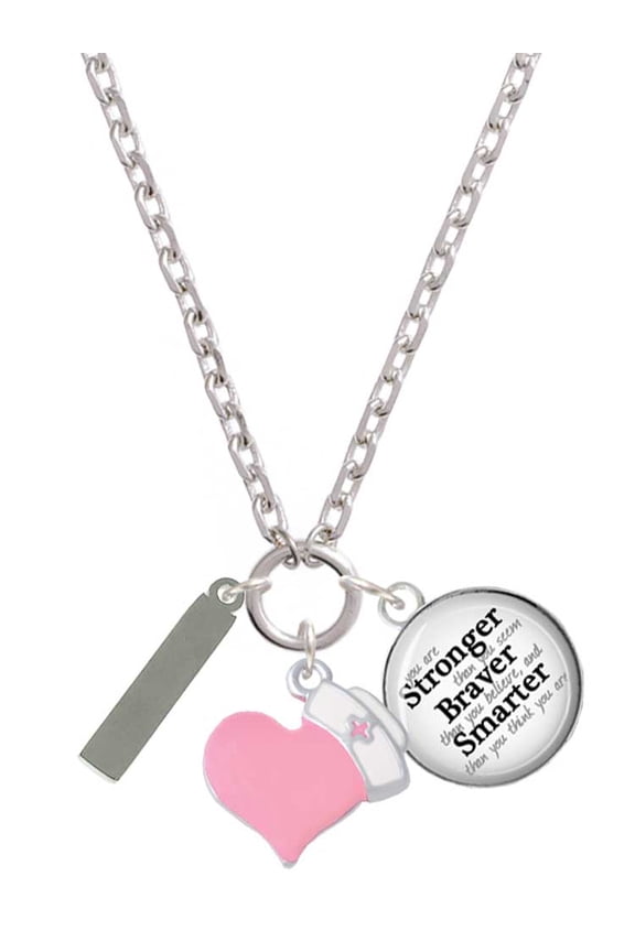 Stainless Steel Rectangular Blank Tag - Light Pink Heart Nurse Strong Zoe Necklace
