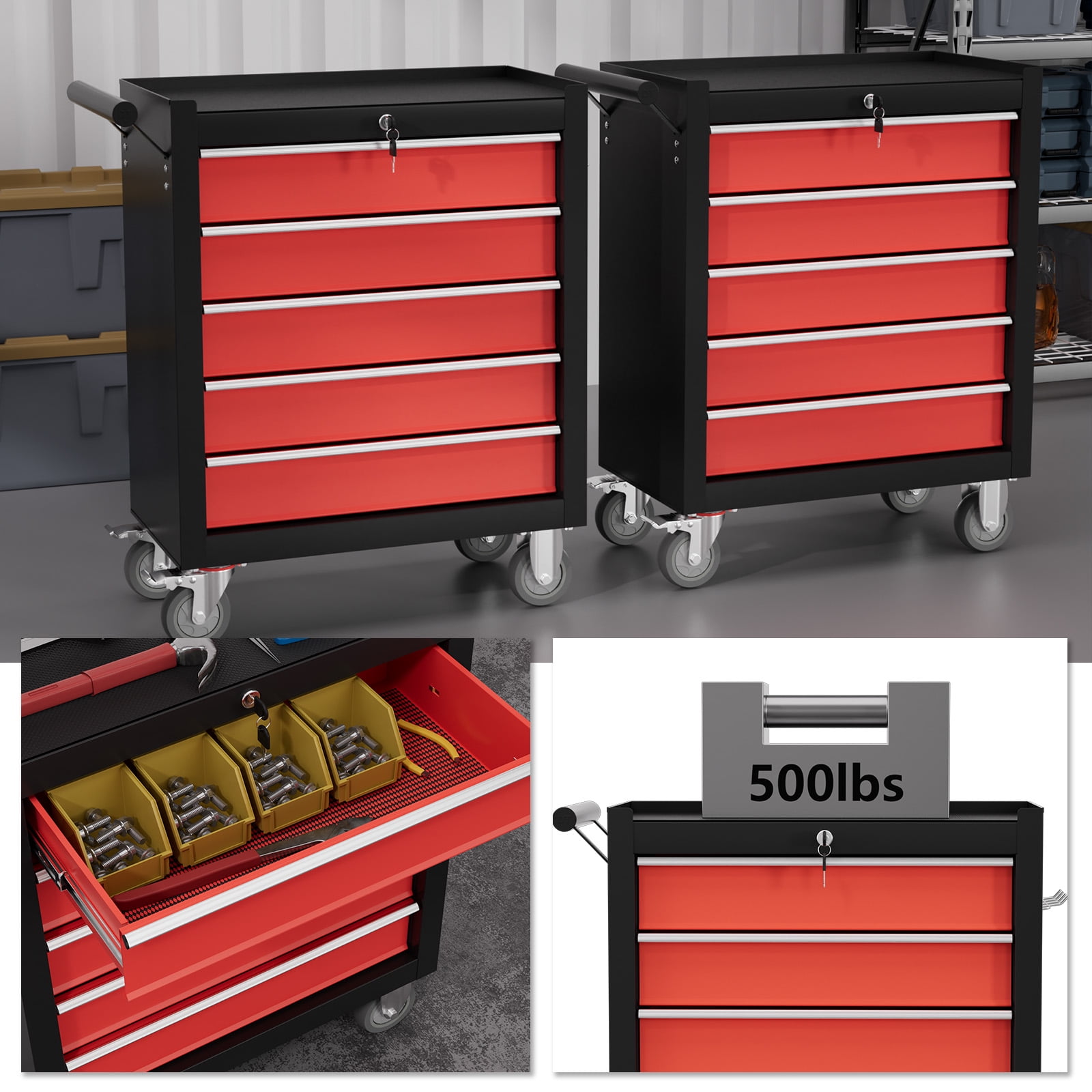 5-Drawer Tool Chest,Rolling Tool Cart with Wheels,High Capacity Tool Cabinet with Locking System for Garage, Warehouse, Workshop-Black&Red