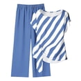thumbnail image 4 of Women's 2 Piece Casual Outfit Diagonal Striped Asymmetrical Short Sleeve Top with Solid Color Elastic Waist Wide Leg Pants Breathable Daily Matching Set Blue M(M), 4 of 5