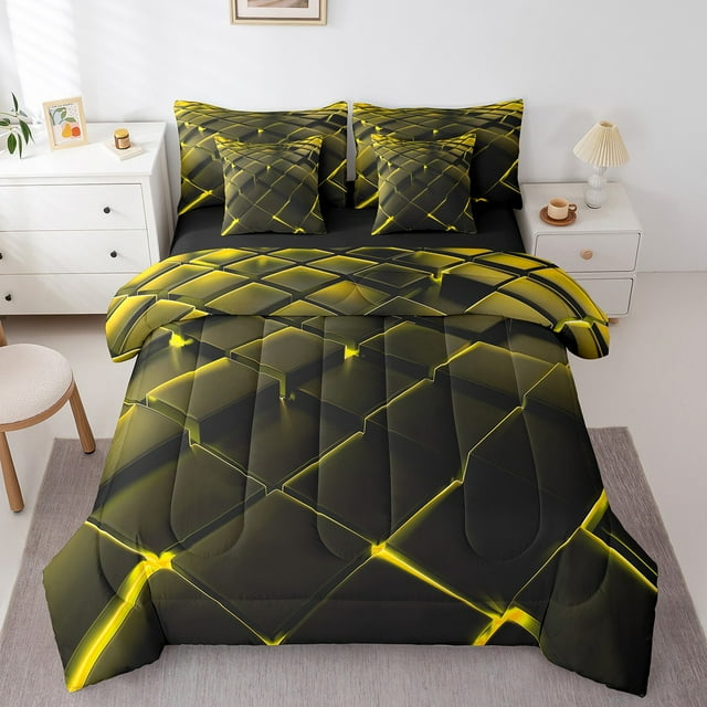 YST Ensemble de Literie Géométrique Jaune 7 Pcs Moderne Abstrait, Grand Lit Double, 100 % Polyester, 7 Unités