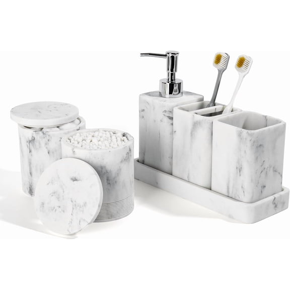 Bathroom Accessories Set, 6 Piece Bathroom Set with Toothbrush Holders, Soap Dispenser, Vanity Tray, Tumbler, Cotton Swab Jars, Bathroom Organizer，Bathroom Sink Sets, Artificial Marble White