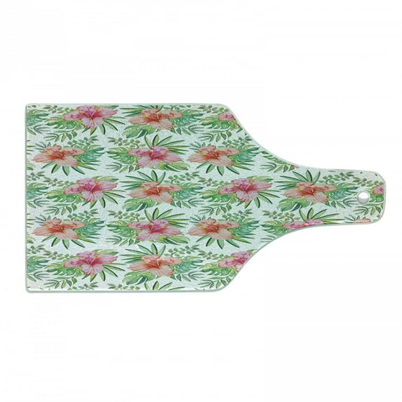 Luau Cutting Board, Print of Hawaiian Hibiscus Monstera Palm Leaves Blossoming, Decorative Tempered Glass Cutting and Serving Board, in 3 Sizes, by Ambesonne