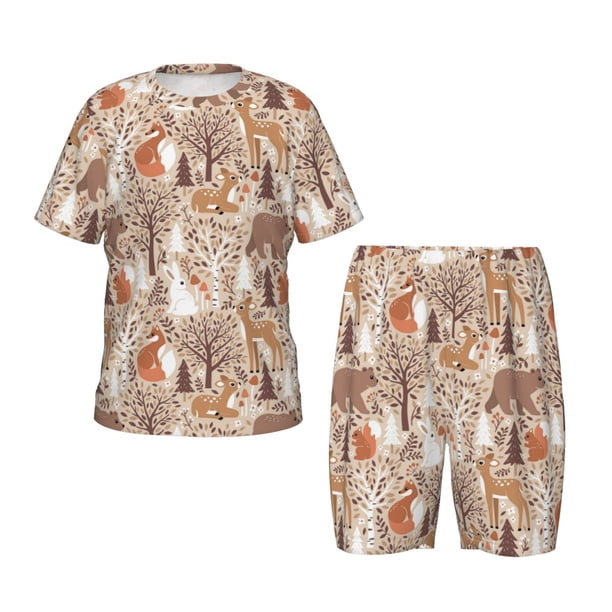 Fotbe Woodland Animals in Neutral Tones Pijama Estampada de 2 Piezas para Niños – Ropa de Dormir de Manga Corta Cómoda para Niños y Niñas, Camiseta y Shorts de Algodón-3X-Large