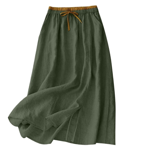Fewfanhot Skirts for Women Cotton Linen Midi Skirt with Pockets Casual Flowy Swing Elastic High Waist A-Line Long Boho Skirts