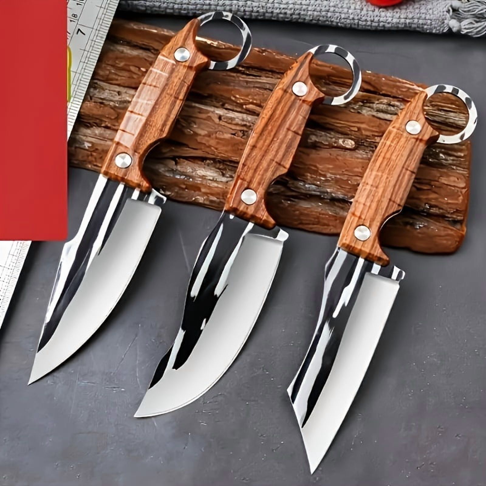 Plys 4 inch Fixed Blade  Hunting Knife 3PC Set , Carbon Steel Boning Camping Knives