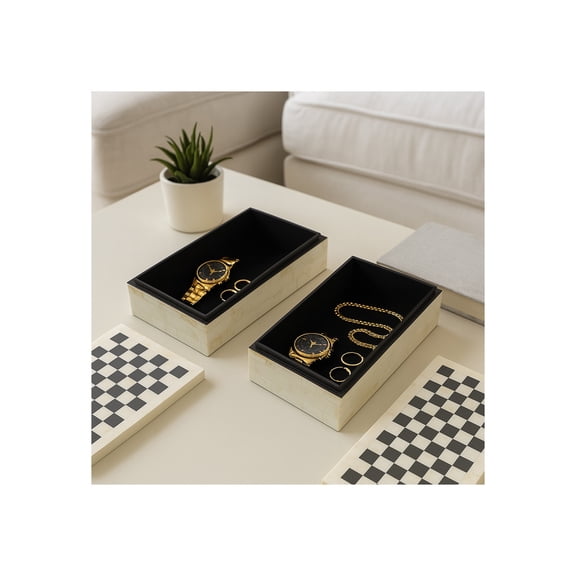 Decorative Boxes for Home Decor - Checkered Design Resin and Wood Keepsake Boxes for Jewelry and Trinkets - Organizer for Home, Office, Bedroom, or Living Room - Set of 2, 4", 3", Black & White