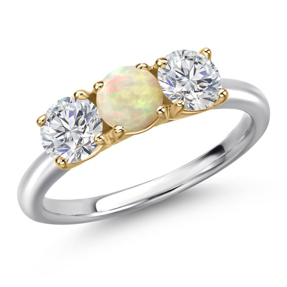 Gem Stone King 925 Silver and 10K Yellow Gold White Ethiopian Opal and Lab Grown Diamond Engagement Ring for Women | 1.30 Cttw | Round Cabochon 5MM | Gemstone October Birthstone | Size 7