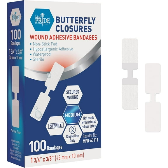 MedPride Adhesive Bandage, Butterfly, Fabric, 3/8" x 1", Sterile, Box of 100