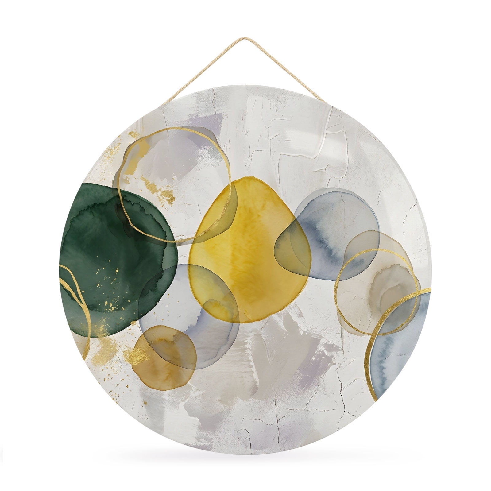 Welcome Sign Front Door Decorations Modern Abstract Round Wall Art Outdoor Metal Wreaths Green Yellow Blue Contemporary Boho Seasonal Hanging Sign for Home Porch Decor Warming Gift 12 In
