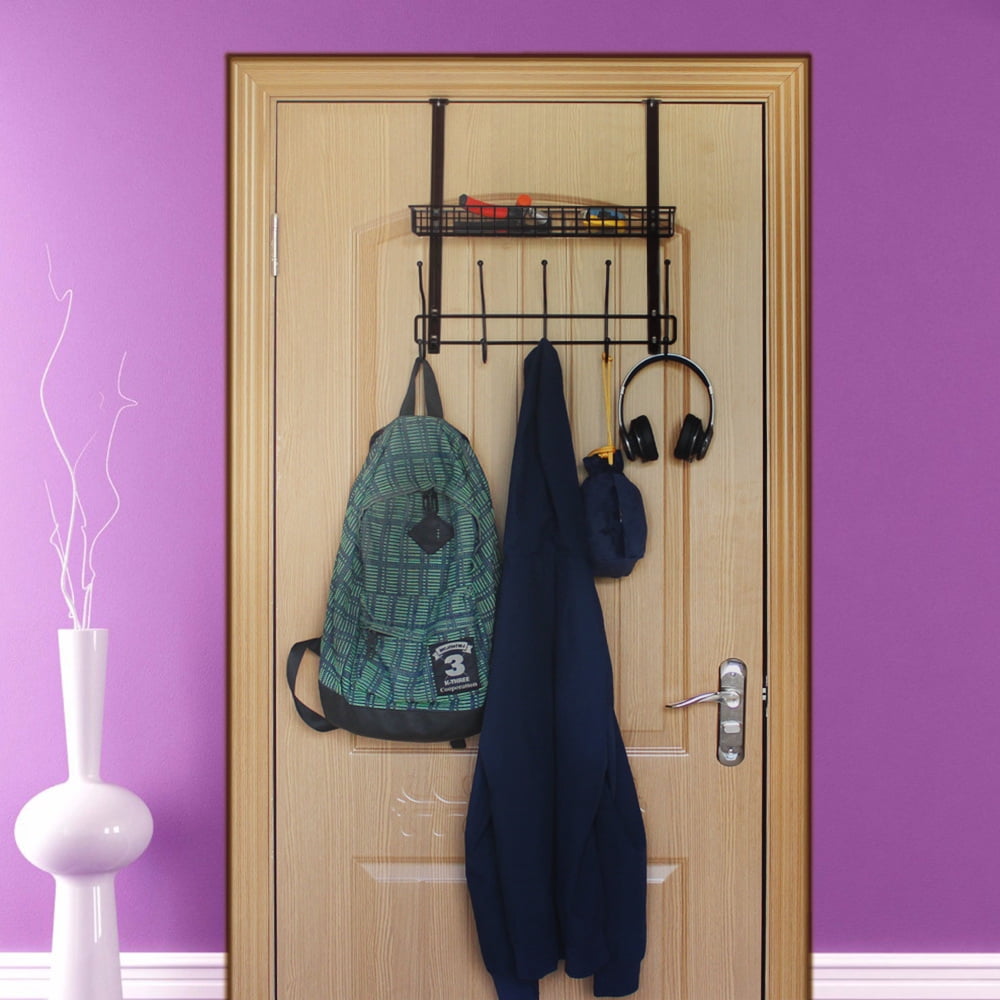 Over The Door Hook Rack with Wire Storage Basket, Metal Over Door Organizer for Entryway Bathroom