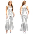 thumbnail image 5 of YiZYiF Womens Metallic Shiny 70s 80s Disco Outfit V neck Sleeveless Bell Bottom Dance Jumpsuit Silver XXL, 5 of 6