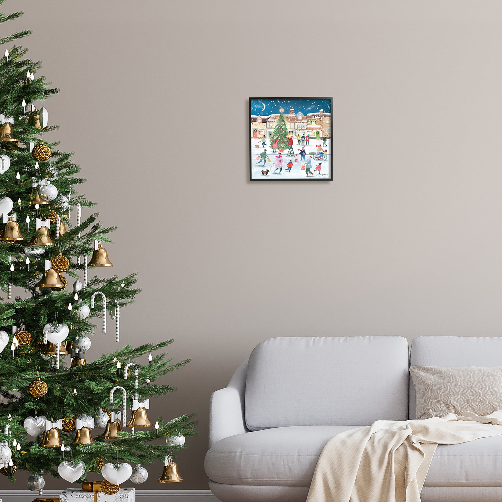 Stupell Industries Christmas Tree Town Scene Holiday Painting Black Framed Art Print Wall Art