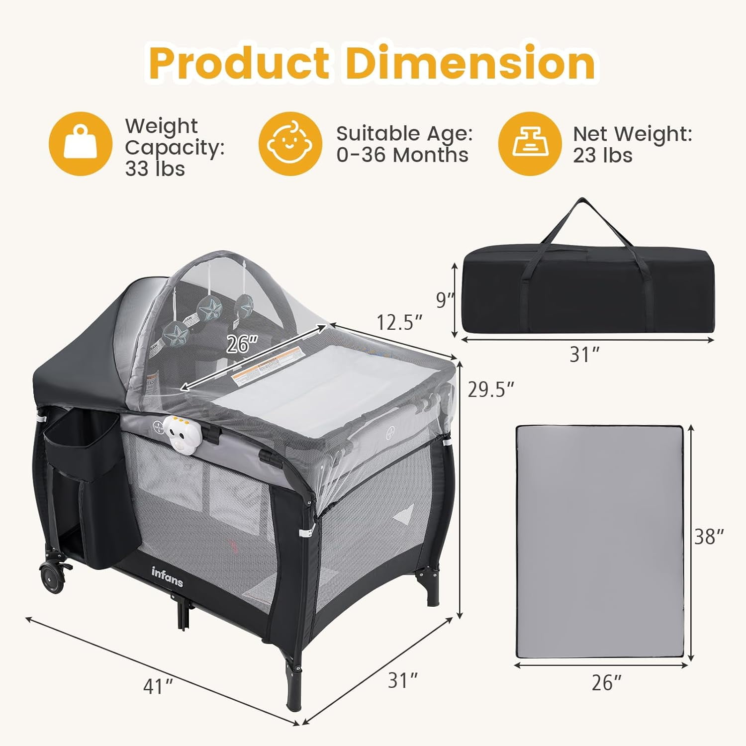 Olakids 4 in 1 Pack and Play, Baby Playpen with Bassinet