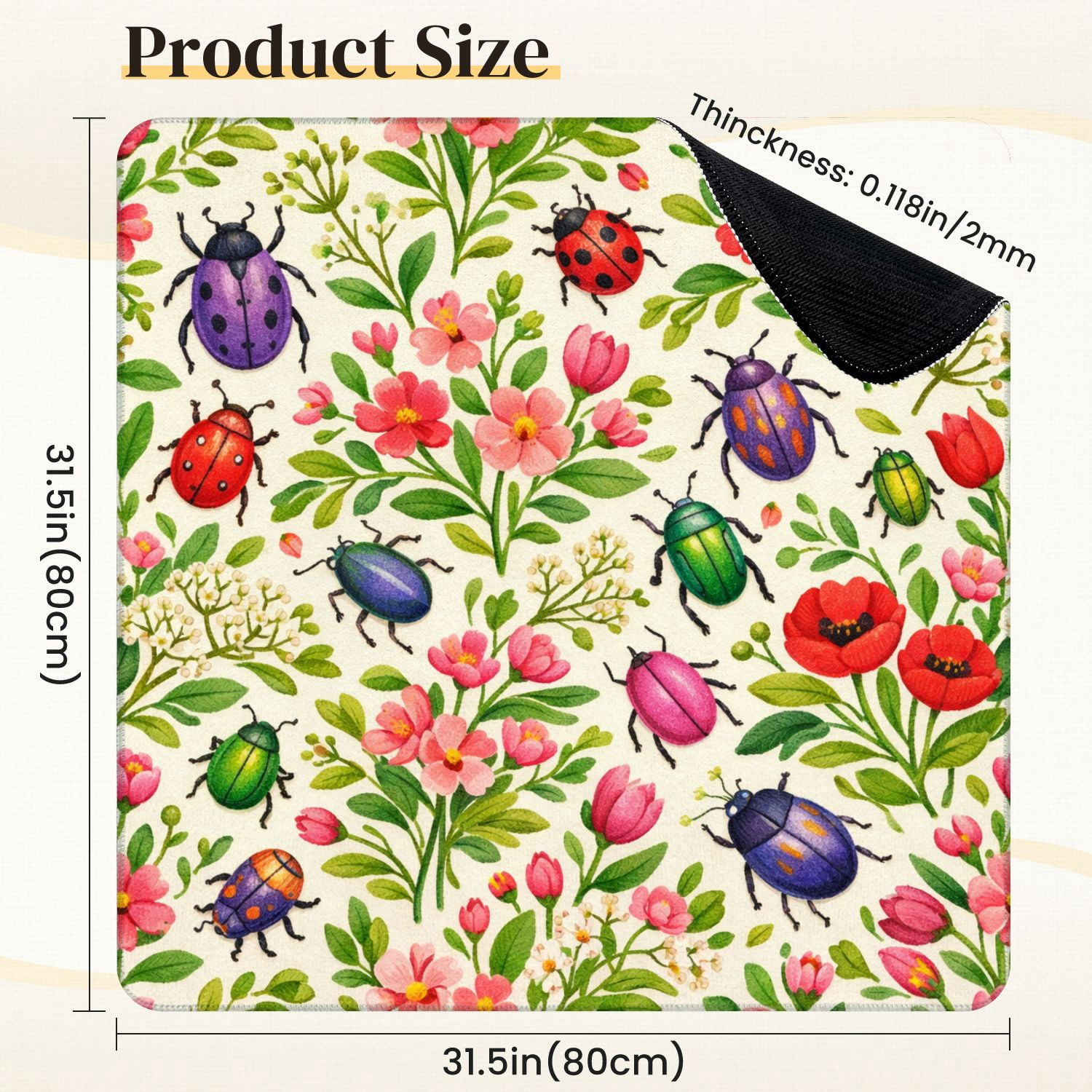 Mahjong Mat 31.5" x 31.5" Colorful Beetles Flowers Vibrant Shades Anti-Slip and Noise Reduction Symmetry Design Mahjong Tiles Table Cover for Dominoes Poker Card Board and Tile Games