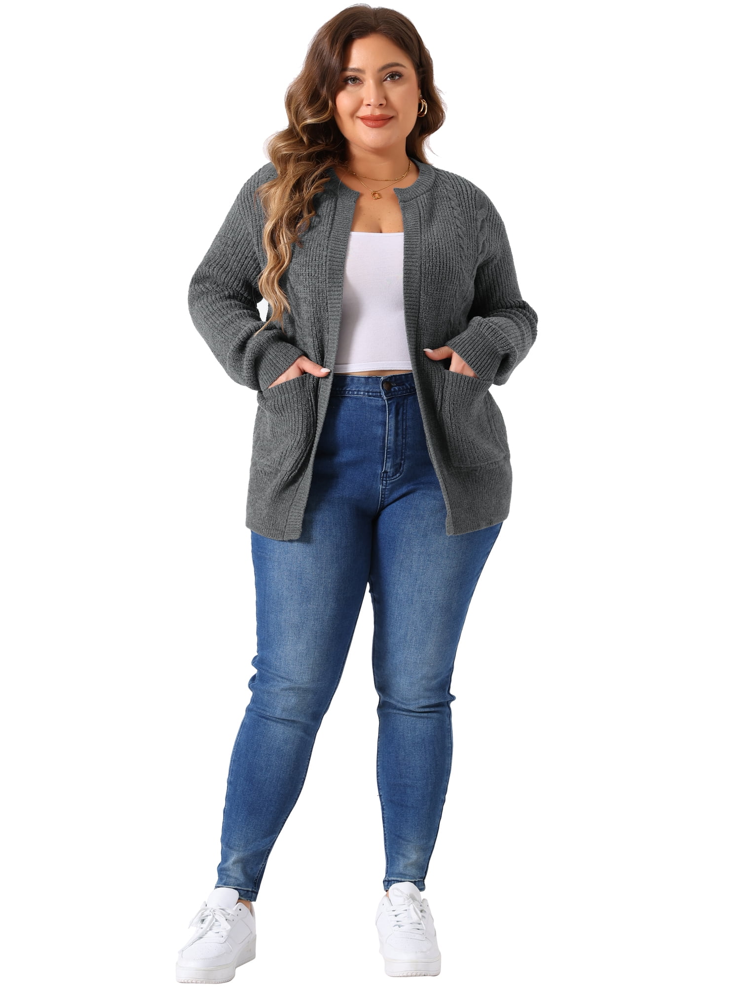 DARING DIVA Women's Plus Long Sleeve Crew Neck Knit Cardigans 4X Gray