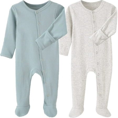 

HahaNice Baby Footed Sleeper with Mitten Cuffs Cotton Neutral Newborn Babys Snap Sleep and Play Pale Green & Flecked Grey 9 Months