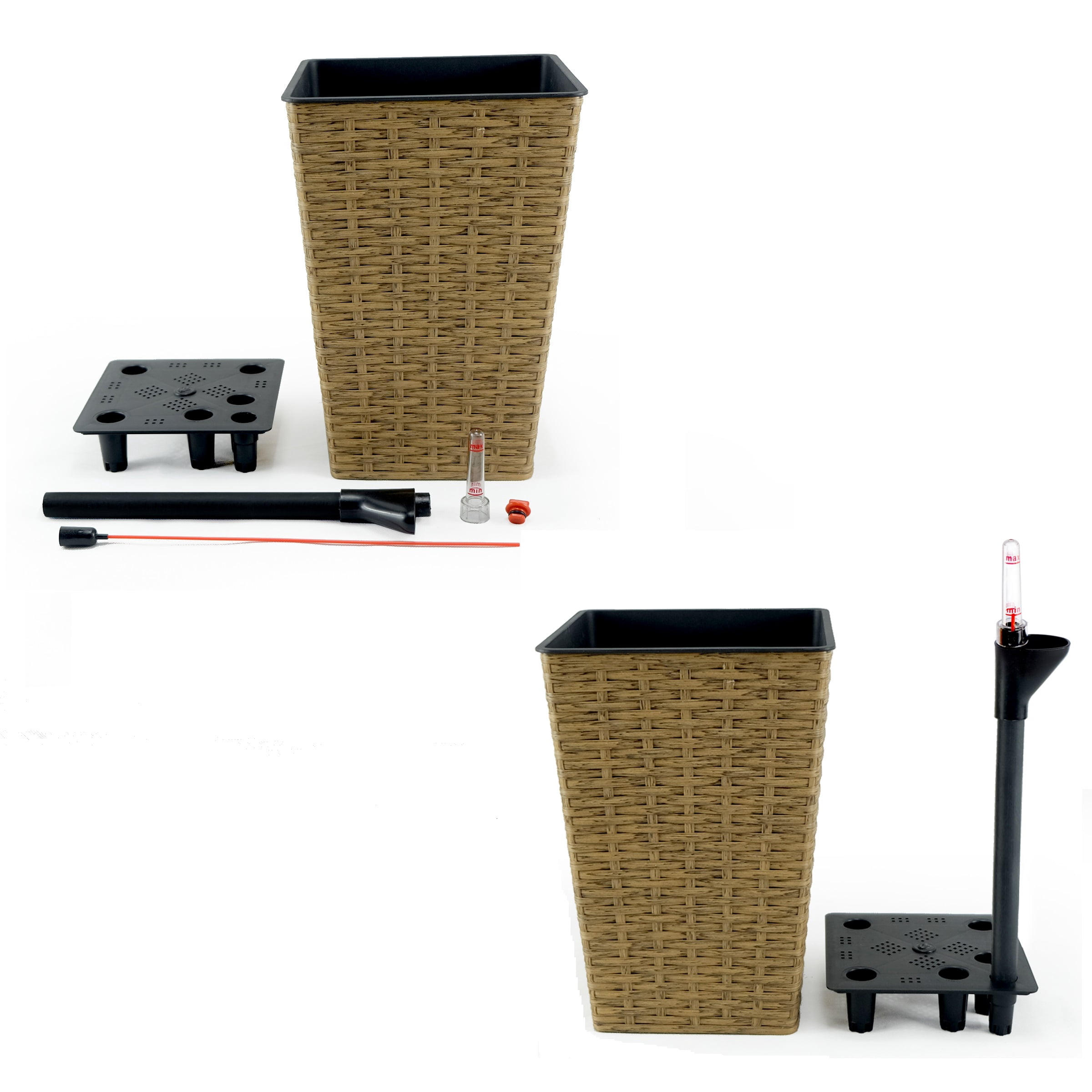 2 Pack Smart Selfwatering Square Planter Indoor Outdoor Hand Woven Wicker Brown UV Stabilized Frost Resistant with Water Level Indicator for Patio Garden Home