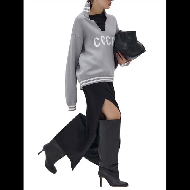 Suéter de Punto con Cuello en V y Larga para Mujer con Estampado de Letras L