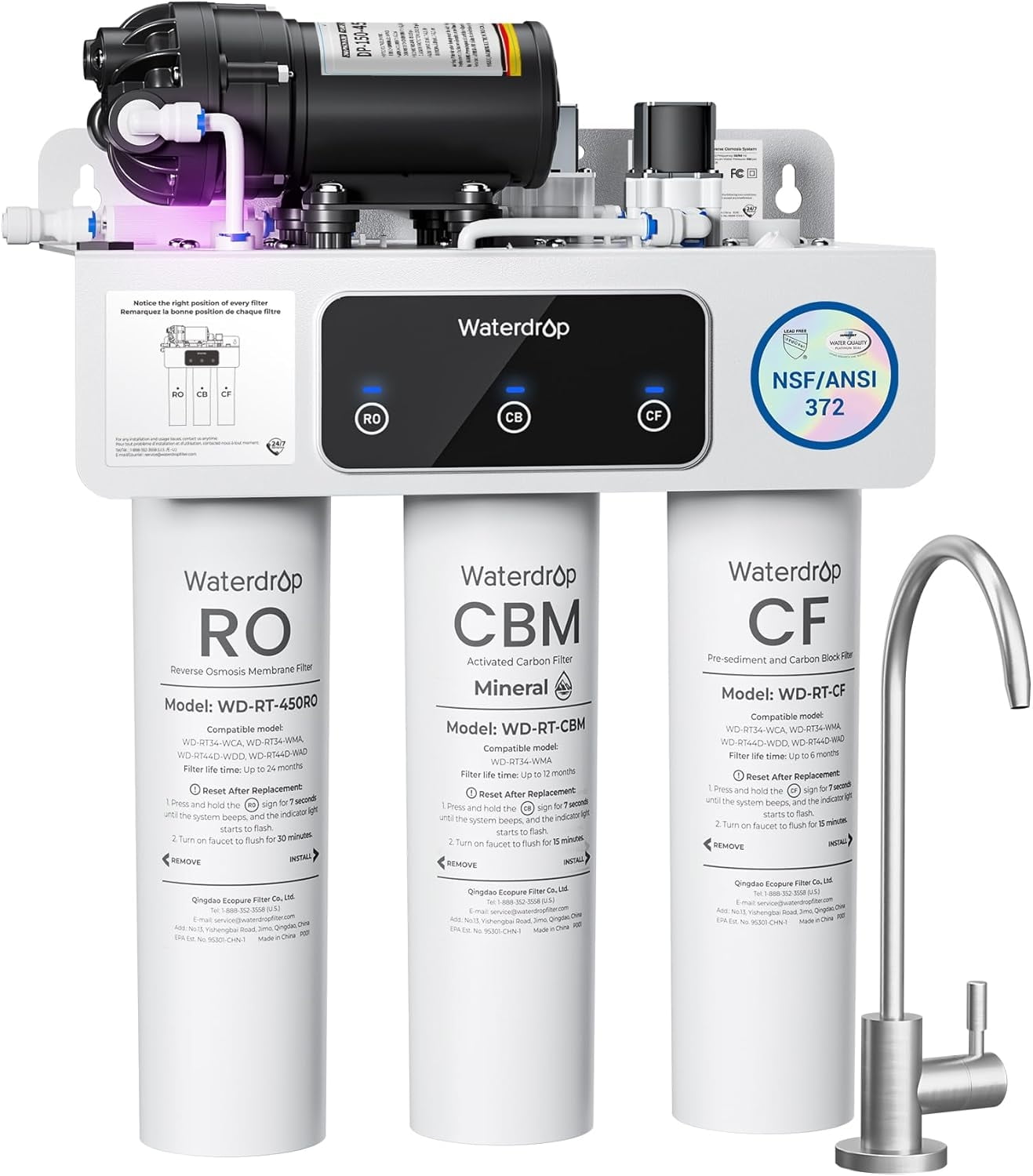 Restored Waterdrop WD-T3-M Remineralization Reverse Osmosis Water Filter, 450 GPD, 9-Stage Undersink RO System, 450G Tankless RO Water Filtration System, 2:1 Pure to Drain, Plug-in Required (Refurbished)