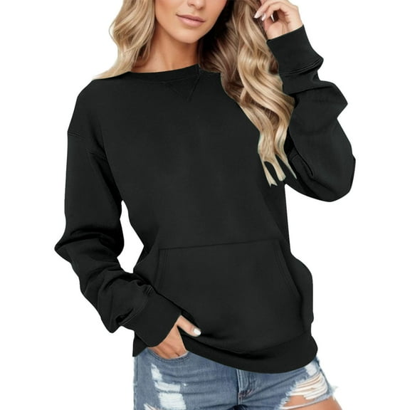 Baqcunre Womens Sweaters Women's Sweatshirt Short Pullover Sweater Wool Pocket Hoodie Fall Clothing Crewneck Sweatshirts Womens Fall Tops Black L