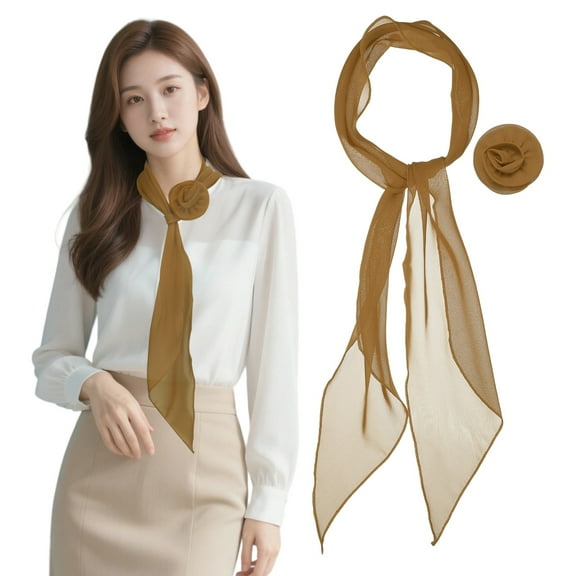 Uxcell Chiffon Scarf for Women, Long Neck Scarf with Detachable Rose Flower Light Soft - 47 Inch & Brown