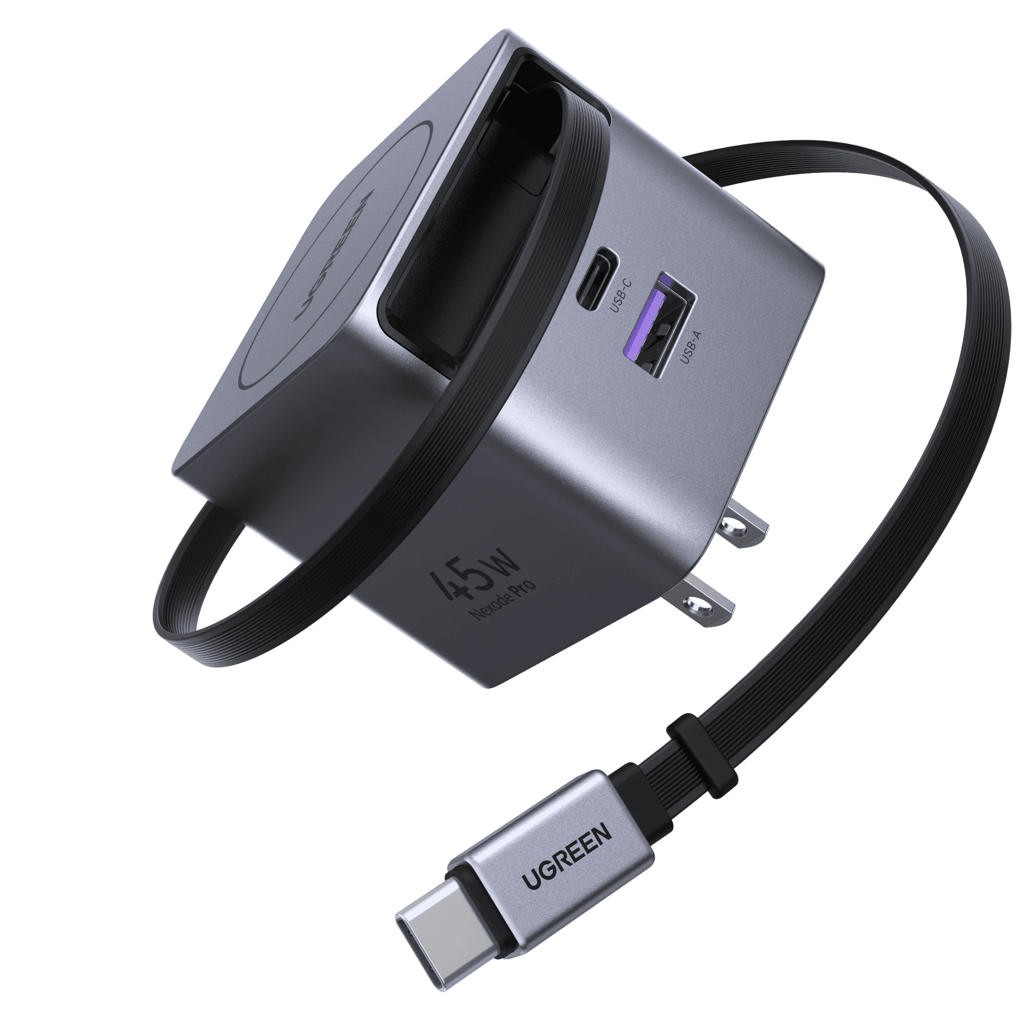UGREEN Nexode Pro 45W USB C Charger with Retractable Cable, 3-Port Fast GaN Charger for iPhone Series, Cellphones, Tablets