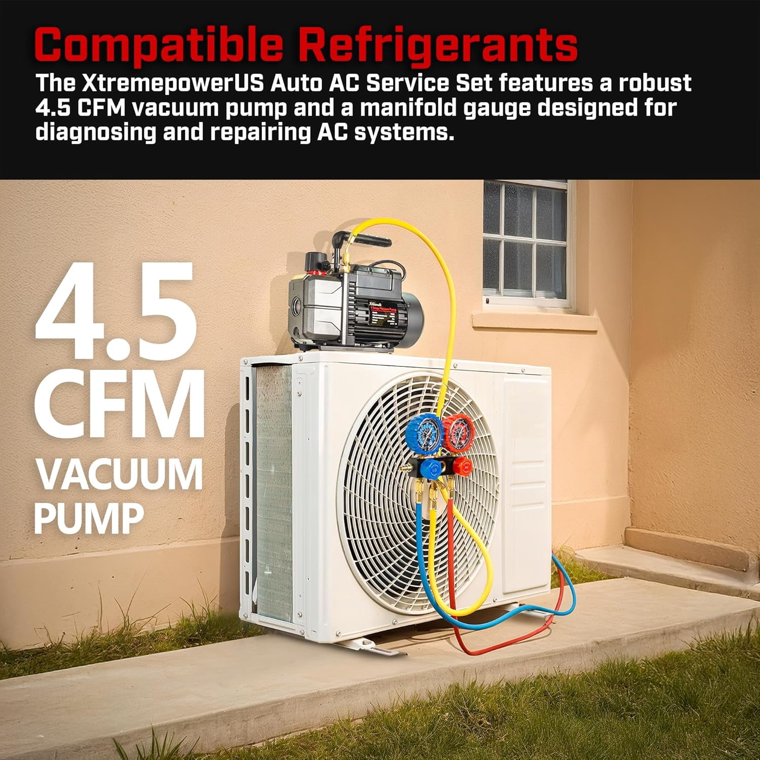 XtremepowerUS 4.5 CFM Vacuum Pump & Manifold Gauge Set, 1/3 HP HVAC Refrigerant Service Kit with Hoses & Can Taps