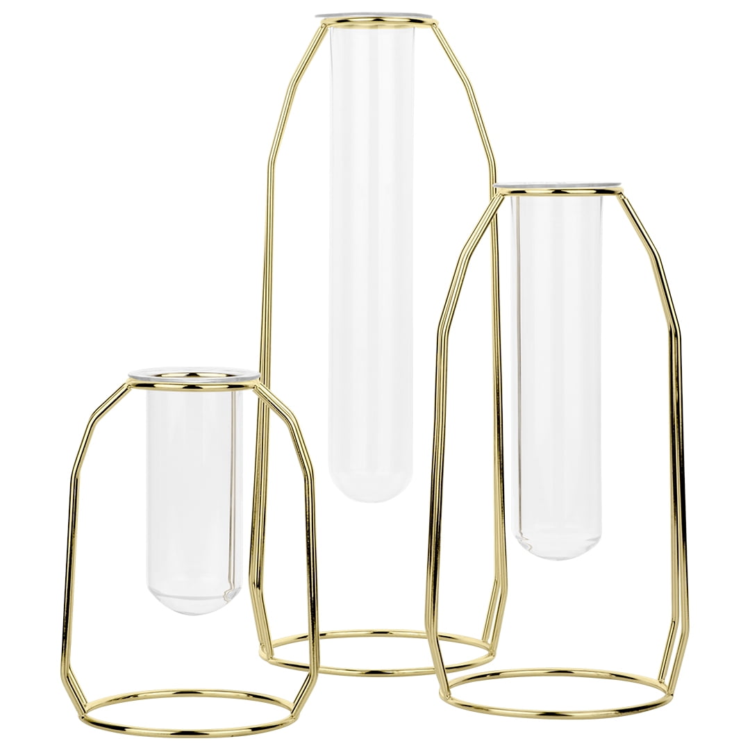 Koyal Wholesale 3 Piece Gold Metal Clear Glass Test Tube Bud Vase