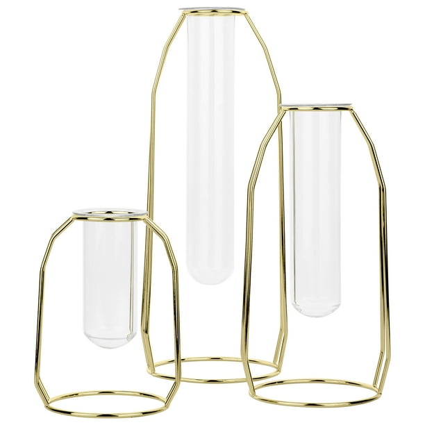 Koyal Wholesale 3 Piece Gold Metal Clear Glass Test Tube Bud Vase