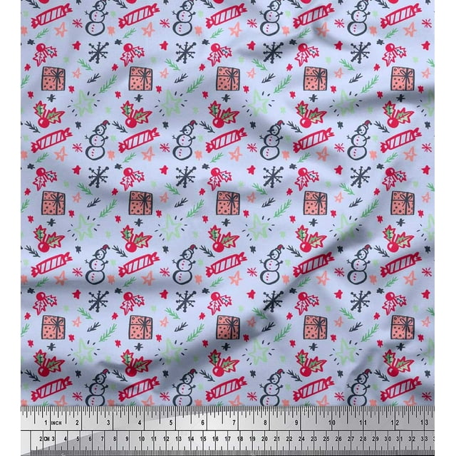 Soimoi Blue polyester Crepe Fabric Snowman,Candies & Gift Box Christmas Decor Fabric Printed Yard 52 Inch Wide