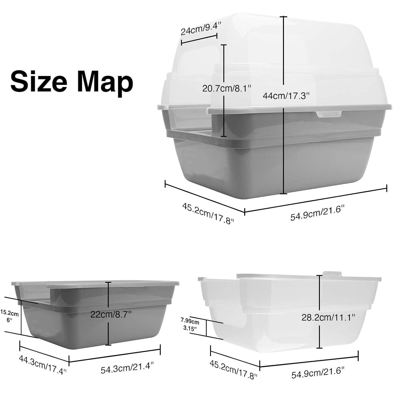Cat Litter Box, Large Foldable Jumbo Hooded with Transparent Lid,Grey
