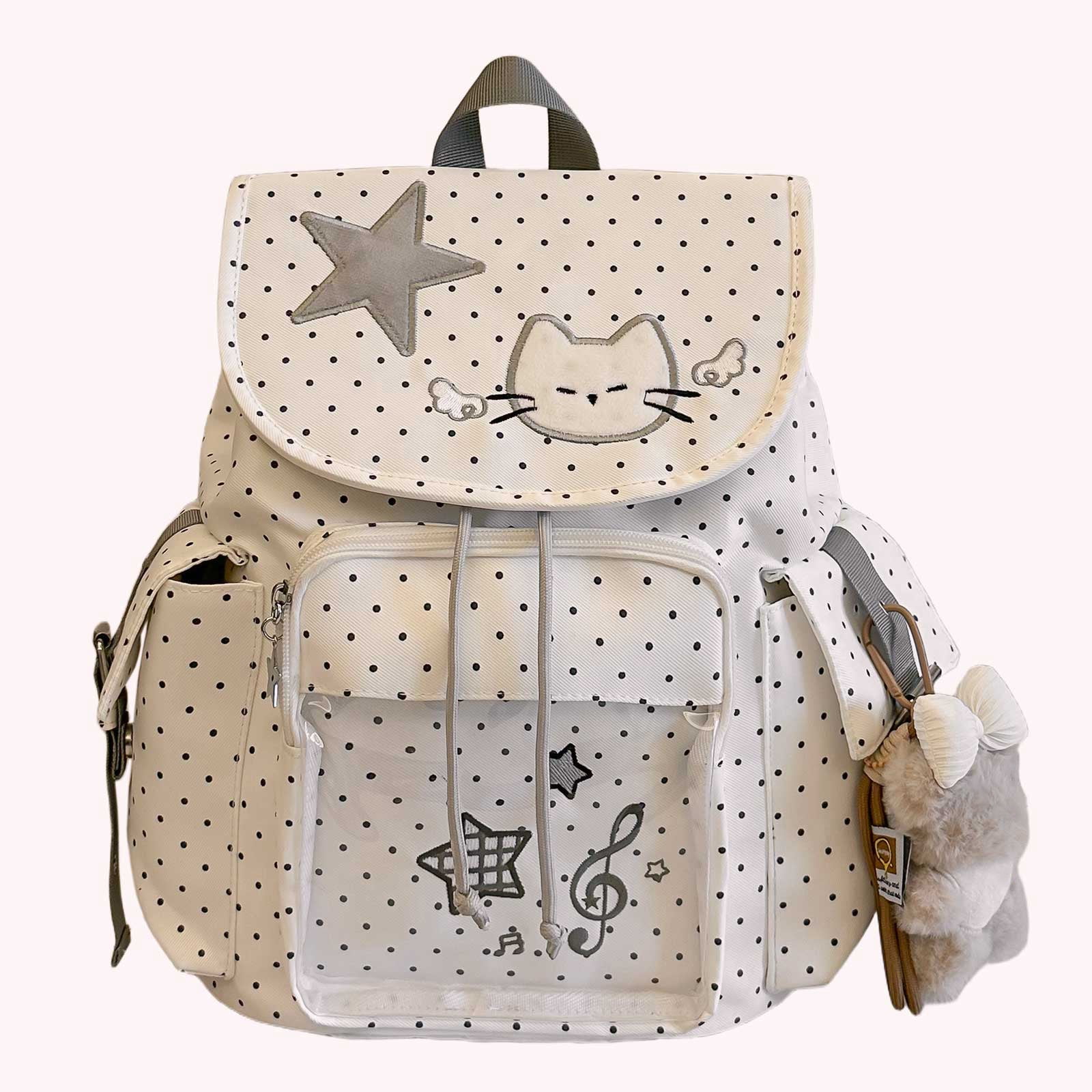 HUISZJ Polka Dot Cat School Backpack, Drawstring Schoolbag with Pendant, Large Capacity Laptop Backpack for Students College Travel, White