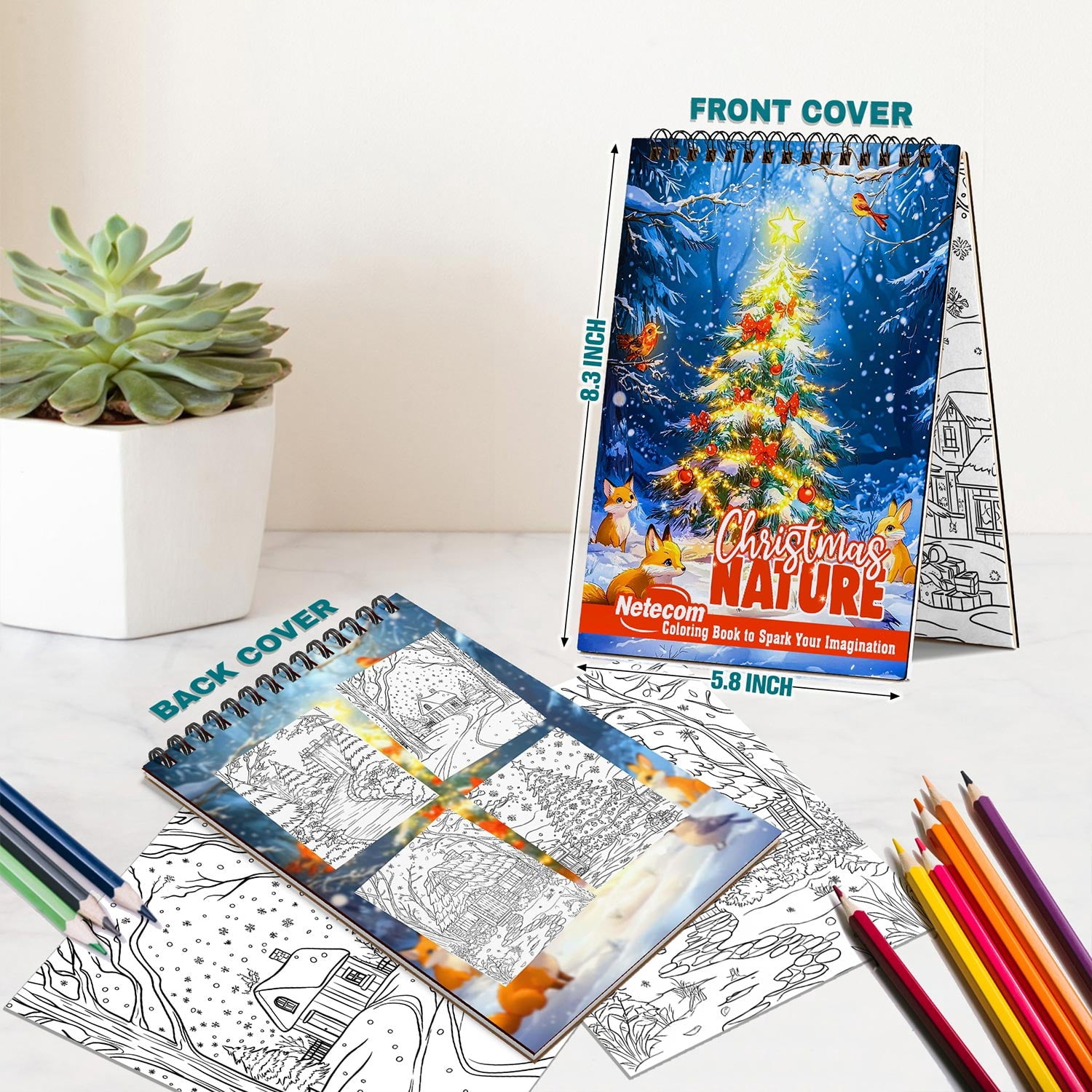 Netecom Christmas Nature Coloring Book Spiral Bound for Adults, A5 Wooden Cover, 30 Coloring Pages of Snowy Forests, Winter Wildlife and Seasonal Floral Designs for Stress Relief and Relaxation