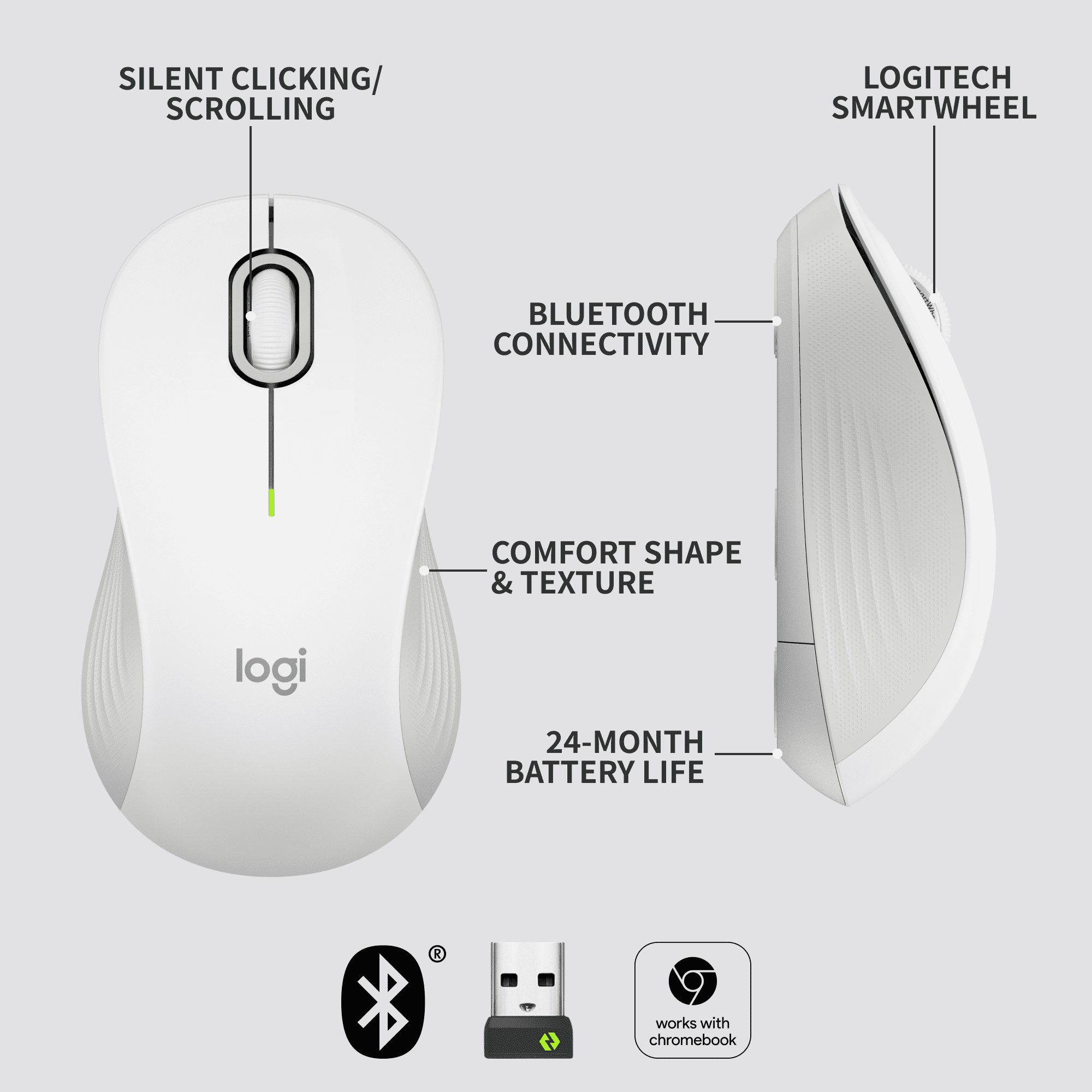 Logitech Signature M550 Wireless Mouse - For Small to Medium Sized Hands, 2-Year Battery, Silent Clicks, Off-white