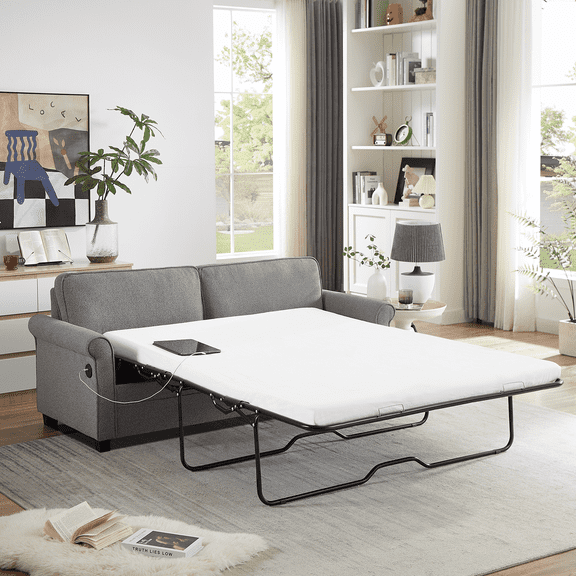 Full Sleeper Sofa Bed, 2-in-1 Pull Out Couch w/Mattress & USB Charging, Compact Loveseat for Small Spaces, Living Room & Bedroom,Grey