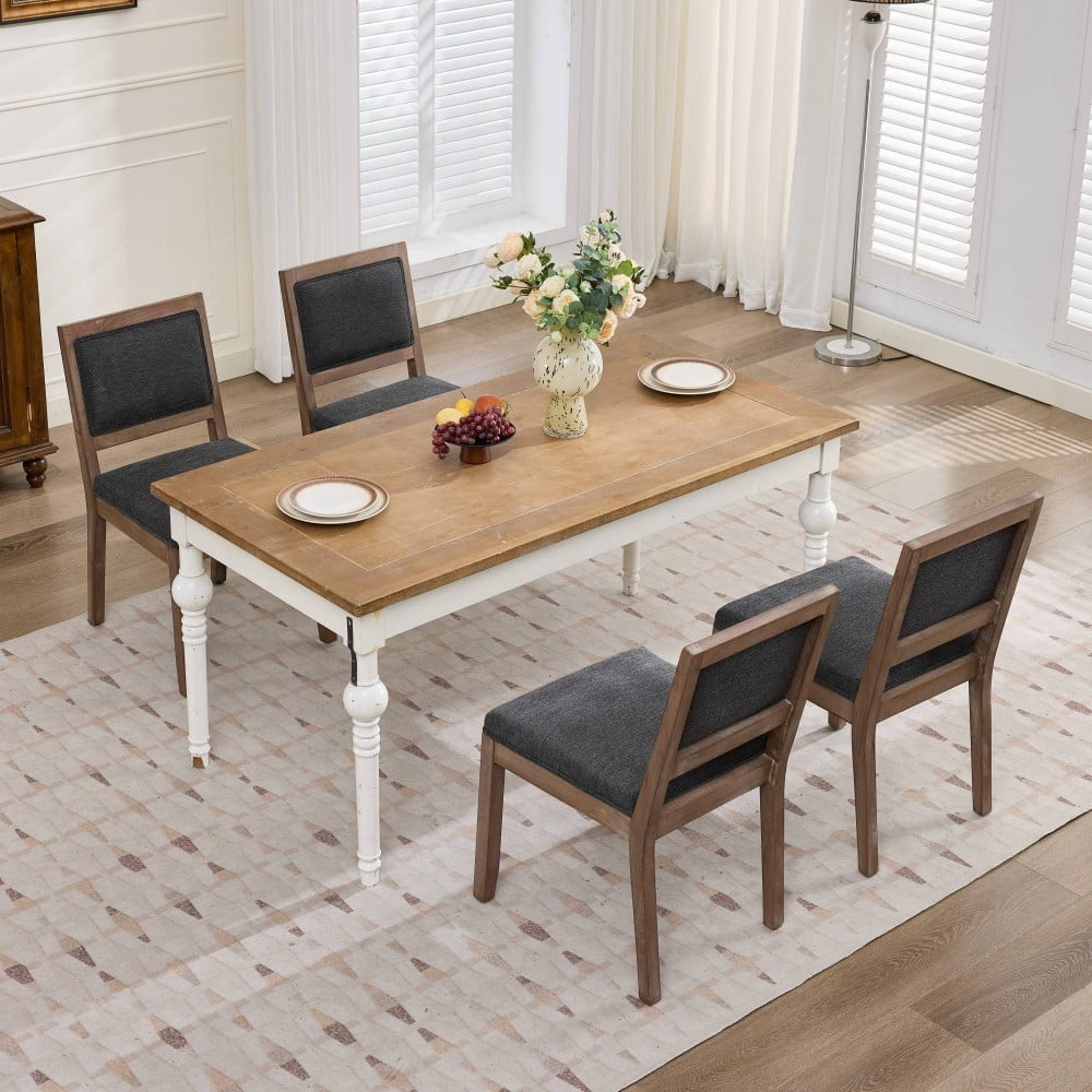 Dining Chairs Set of 2, Farmhouse Upholstered Wooden Chairs, Mid Century Modern Side Chairs with Cushioned Seat & Backrest, Gray