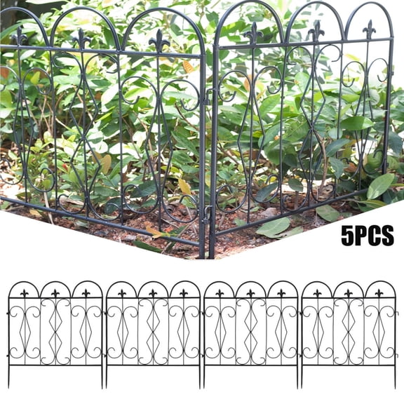 Wisfor 5 Panels Decorative Garden Fence Rustproof Black Patio Yard Metal Barrier, 27.2x26.3 inch