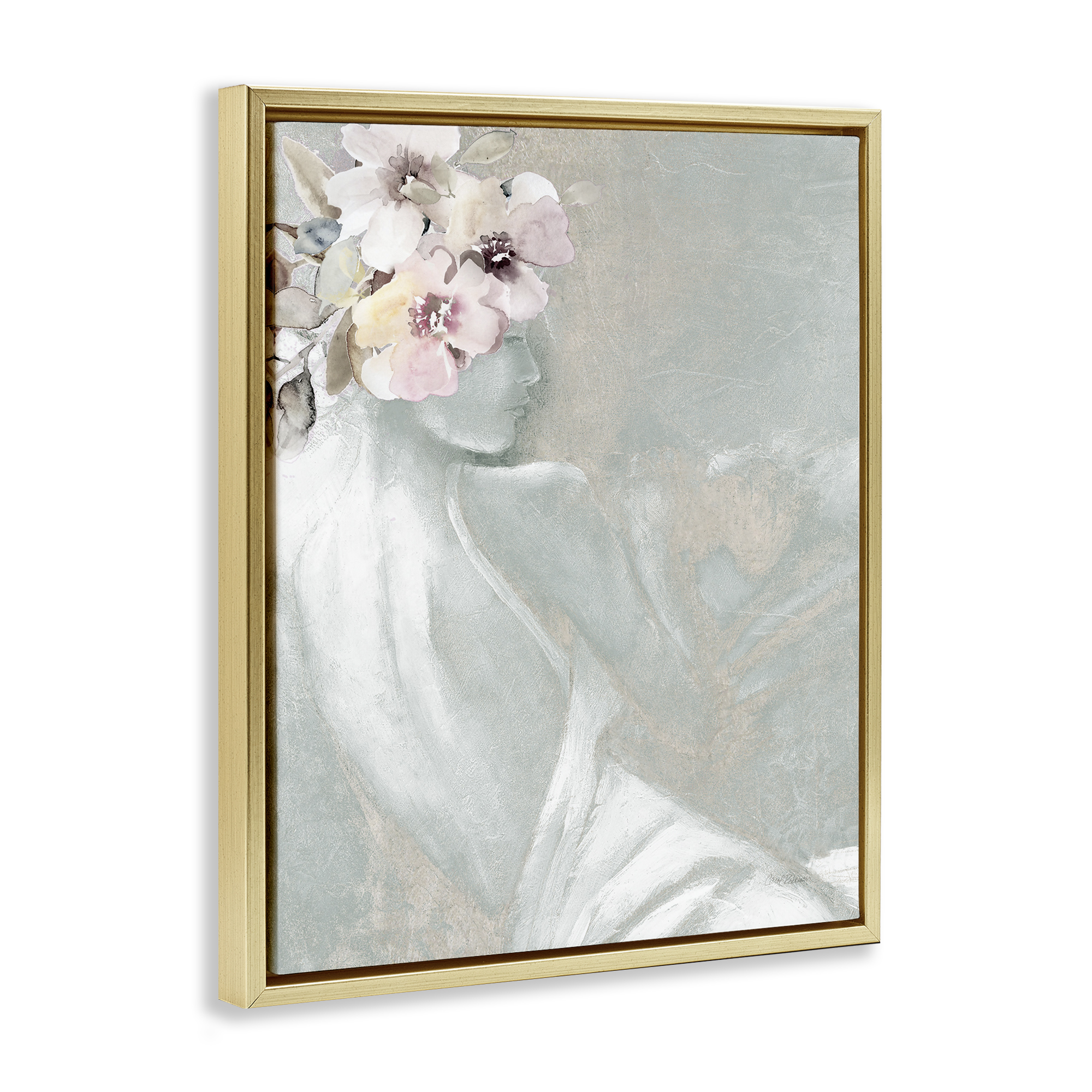 Stupell Industries Chic Floral Woman Novelty Painting Gold Floater Framed Art Print Wall Art, 25 x 31