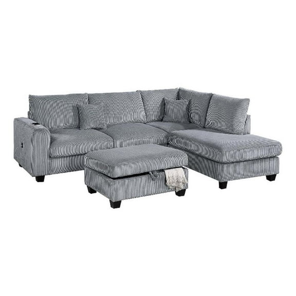 Roe 3pc Sectional Sofa Set w Chaise, Ottoman, 2 Pillows, Fog Gray