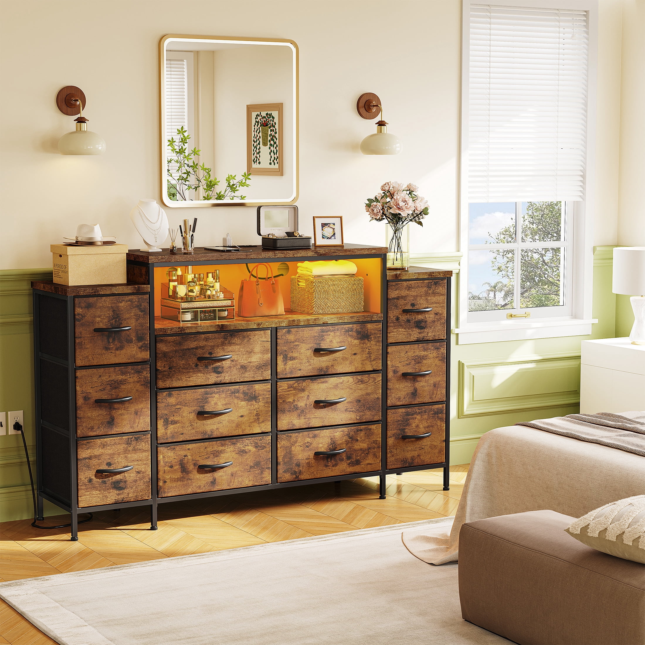 EnHomee 55" W Dresser for Bedroom with LED Lights & Charging Station 12 Drawer Dressers & Chests of Drawers, Rustic Brown