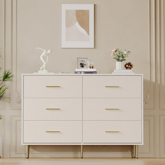 6 Drawer Dresser for Bedroom,Modern White Chest of Drawers with Gold Handles and Legs,Narrow Accent Cabinet End Table for Living Room
